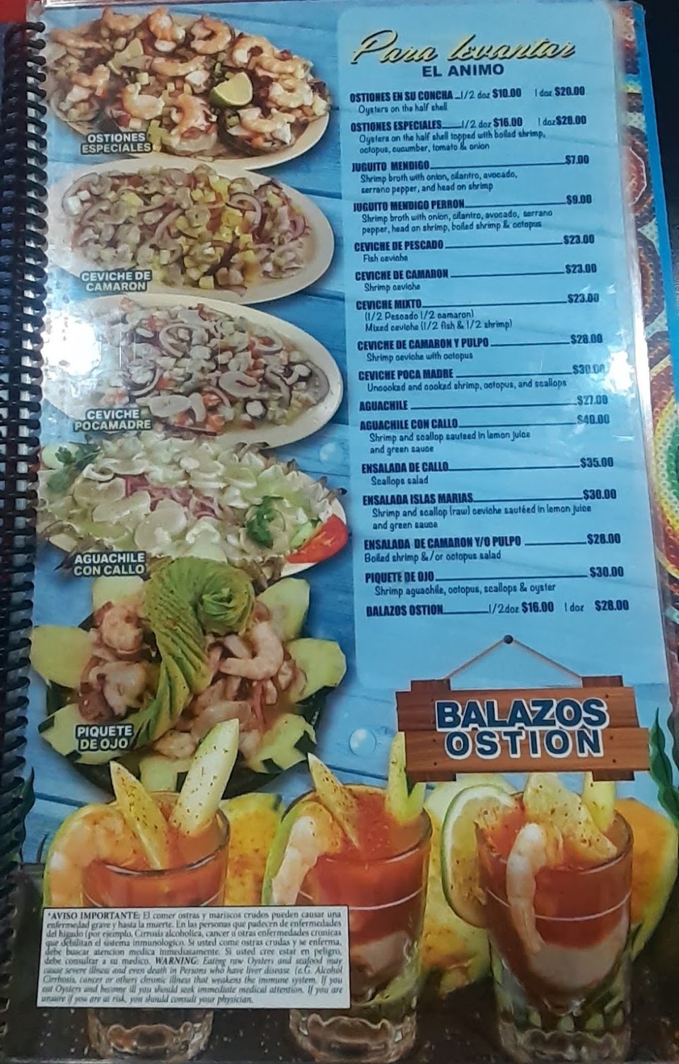 Seafood menu with cocktails and small plates.